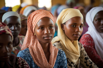 African women in colorful hijabs attending a community event. Generative AI image