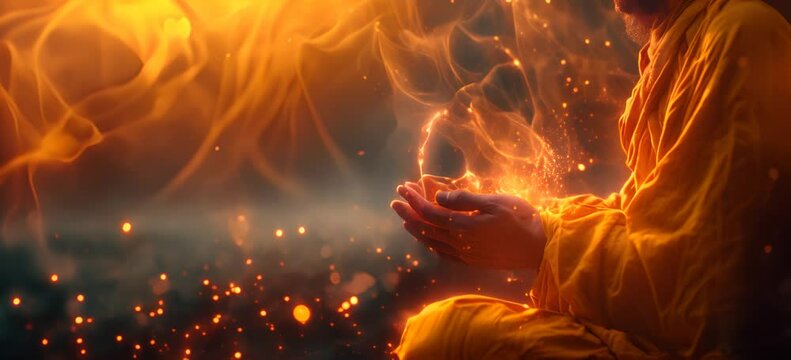 Meditating person sits with cupped hands gently, while insights flow upward from their hands in form of fire toungues, thoughts arise and pass by in the form of images. 