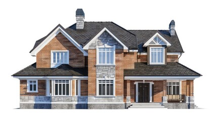 image of a two story house with modern architecture style and roof with gables. House is made of brick with stone portions. 2d image front elevation with a white background