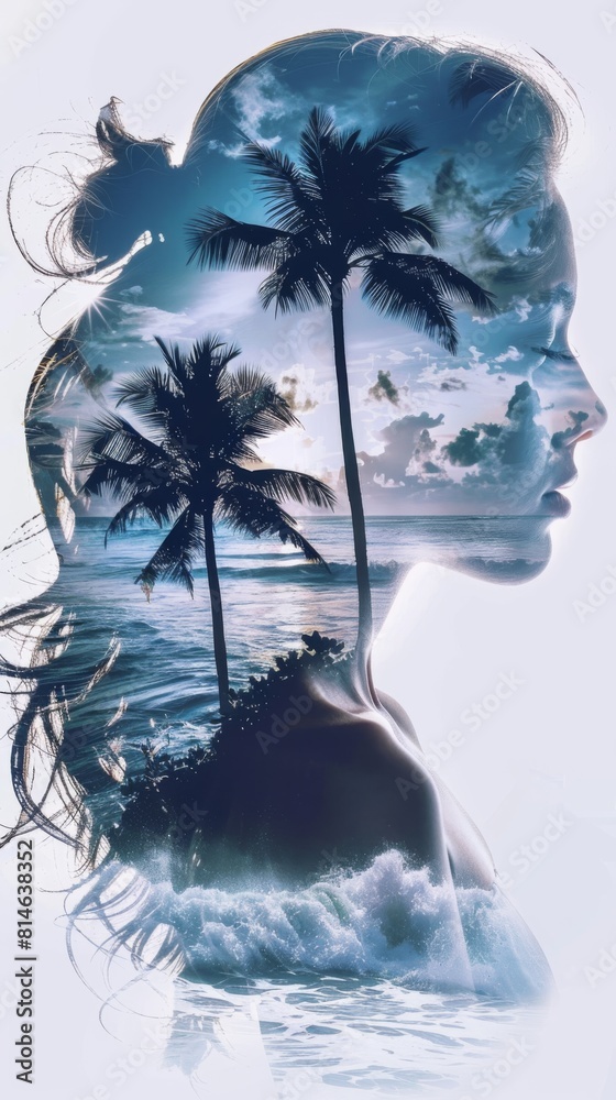 Poster A womans face is pictured against a backdrop of palm trees. The womans expression is neutral, looking directly at the camera. The palm trees are tall and green, swaying in the wind.