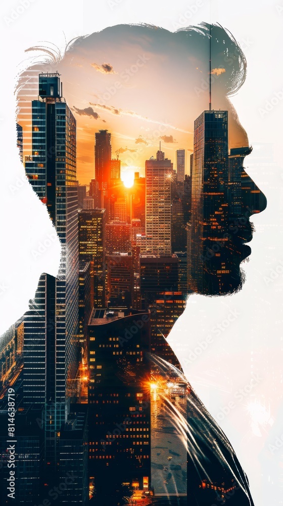 Poster a double exposure featuring a mans face superimposed on a cityscape, creating a striking contrast be