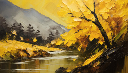 Abstract yellow color acrylic painting on canvas. Natural landscape. Autumn season. Oil painting