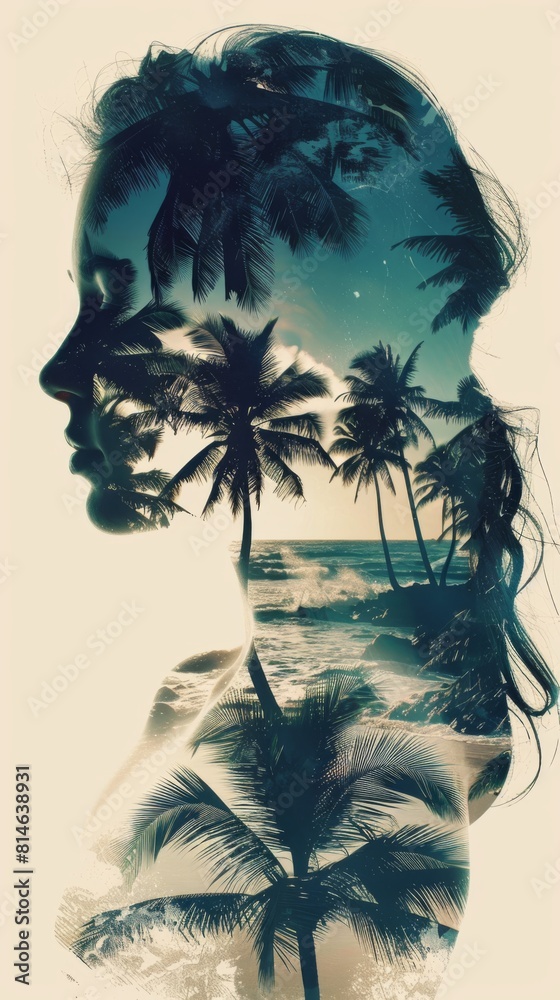 Poster A double exposure featuring a womans face superimposed with palm trees in the background. The womans features blend seamlessly with the silhouettes of the palm trees, creating a striking and unique vi