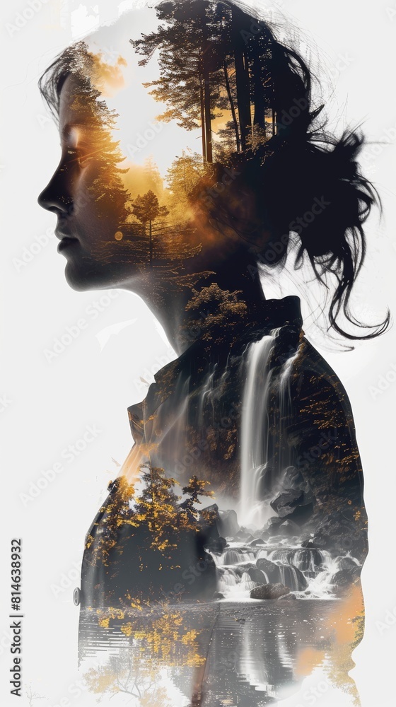 Aufkleber a side view of a womans silhouette with a majestic waterfall in the backdrop. the womans features ar
