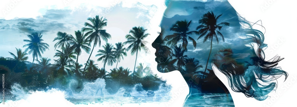Poster a painting depicting the profile of a womans face with vibrant palm trees in the background. the wom