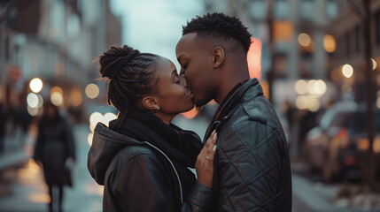 Young Couple Kissing on City Street