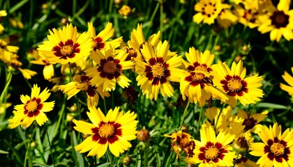 the yellow flowers are blooming all around the field,