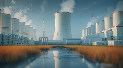 Nuclear plant with big chimneys. Generative AI.