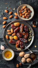 Nuts and dates on a plate with a spoon. Vertical background 