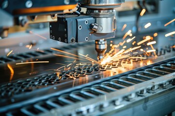The CNC milling machine cutting the sheet metal with the sparking light. The hi-technology mold and die manufacturing process