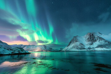 Majestic aurora borealis over snowy mountain landscape at night