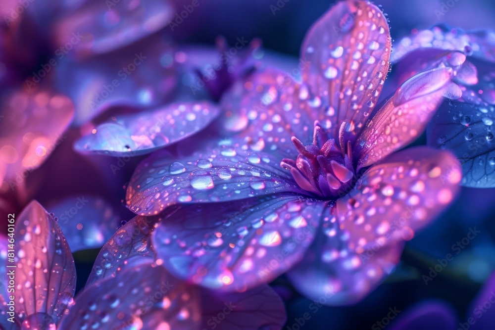 Wall mural macro shot of raindrops on a glowing fluorescent flower abstract background