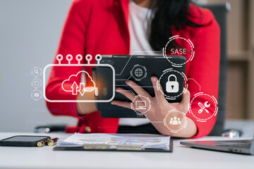 Hand touching Secure Access Service Edge icon on smartphone virtual screen background, password, network, framework and support technology in office. SASE secure access service edge concept.