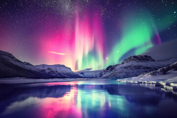 Aurora borealis illuminates sky above lake