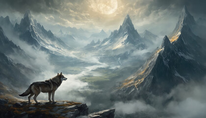 Fantasy Illustration of a wild animal wolf. Digital art style wallpaper background.