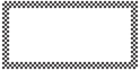 Rectangle frame with checkered print on borders. Rectangular vignette with checkerboard, race flag or chess game pattern isolated on white background. Vector graphic illistration