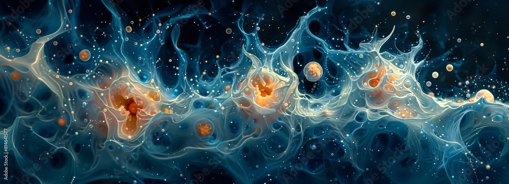 Poster a blue and orange swirl of space with many small dots. the blue and orange swirls are connected and 