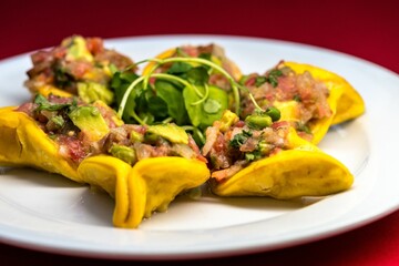Closeup shot of Mexican-style tacos on a white plate, filled with minced meat