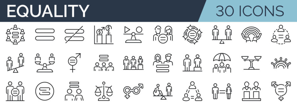 Set of 30 outline icons related to equality. Linear icon collection. Editable stroke. Vector illustration