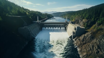 Generative AI Drone shots of a dam or hydroelectric power plant, emphasizing the engineering marvel from an aerial viewpoint.