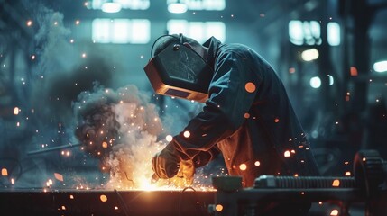 Welder working with protective mask welding metal in the factory. Metalwork manufacturing and construction concept