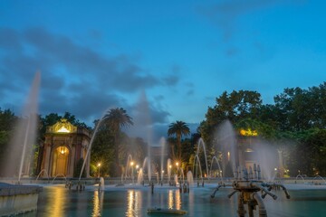 Fountain and water jets in Dona Casilda de Iturrizar Park at night in Vizcaya, Basque Country, Spain