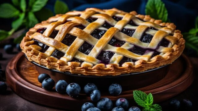 Delicious blueberry pie bursting with juicy berries for restaurant menu with custom text space. Close-up motion