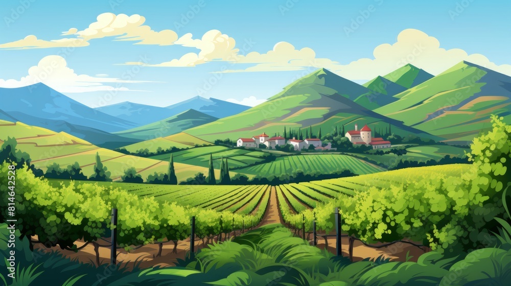 Poster Generative AI A picturesque vineyard with rows of grapevines and hills in the backdrop.