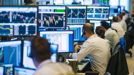 A diverse group of professionals are seated at desks in a busy office environment, focused on their computer monitors. They are engaged in various tasks such as typing, analyzing data, communicating, 