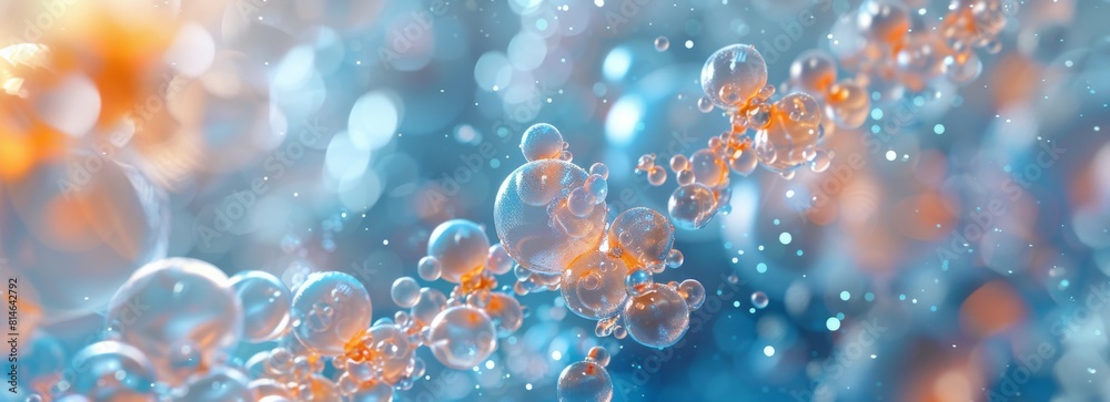 Poster Soap bubbles of various sizes are seen floating in the air against a solid blue background. The bubbles display iridescent colors and reflect light as they gently soar upwards.