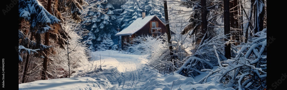 Poster a small cabin is surrounded by trees and snow. the cabin is the only building in the scene