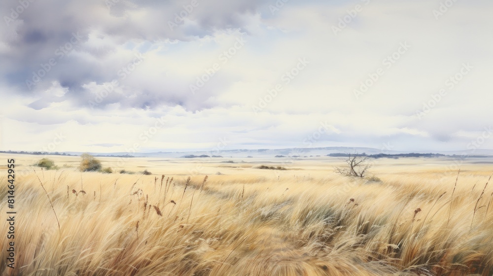 Poster generative ai endless prairies with gently swaying grass. aquarelle
