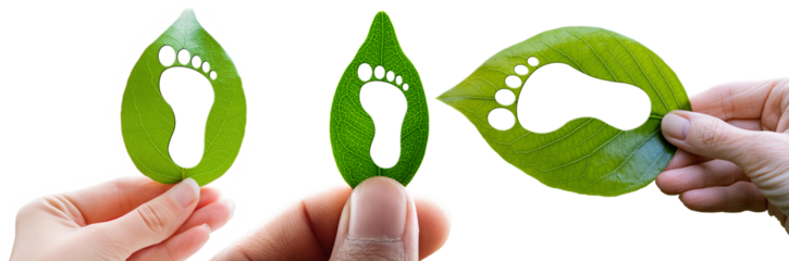 Extreme close-up of a human hand holding a green leaf with a footprint. Carbon footprint concept. Isolated on white or transparent background, png. Generative Ai.