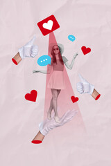 Composite sketch image photo collage of space page fashion attractive lady walk on hand gesture thumb up like heart feedback sms popular