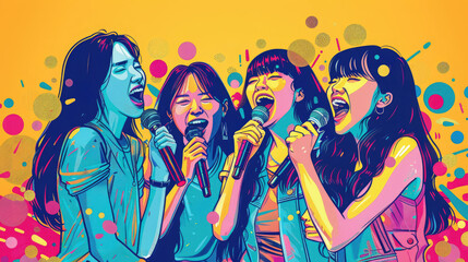 asian young women singing karaoke, girls, microphone, singer, music group, song, korean, k-pop, portrait, vocal, chinese, japanese, face, people, person, voice, performance, concert, musical