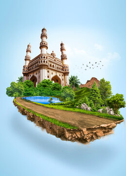 3d illustration of piece of green highway road isolated, creative travel and tourism off-road design trees Charminar in Hyderabad, India.. unusual illustration