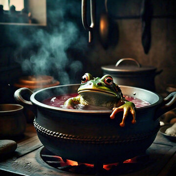 calm frog boiling in a steaming pot in a rustic kitchen. symbol of activity and passivity against social and political situations