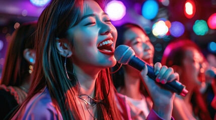 asian young women singing karaoke, girls, microphone, singer, music group, song, korean, k-pop, portrait, vocal, chinese, japanese, face, people, person, voice, performance, concert, musical