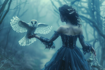 Fairy Woman. The mysterious sorceress wears a beautiful blue dress. Fog covers a cold forest in the background. Girl with a white owl. Generative AI.