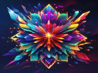 Create a holographic representation of a firework burst, abstracted into vibrant geometric forms and patterns that convey the explosive energy and dazzling colors of a fireworks display.
