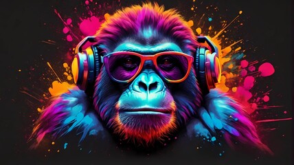 adorable orangutan wear headphone and sunglasses wtih neon art illustration