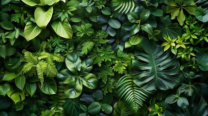 Fototapeta premium Green living wall with different plants and foliage, Vertically arranged greenery background. Nature background. Landscape design. Garden backdrop. Top down view. Generative AI.