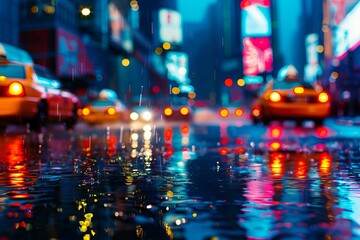 rainy urban evening scene with vibrant city lights blurred in the background wet streets reflecting colorful taxi cabs capturing the energy and mood of a bustling metropolis photography