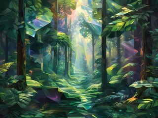 Create a holographic representation of a dense forest canopy, abstracted into dynamic geometric forms and patterns that convey the lush greenery and dappled light of a woodland landscape.