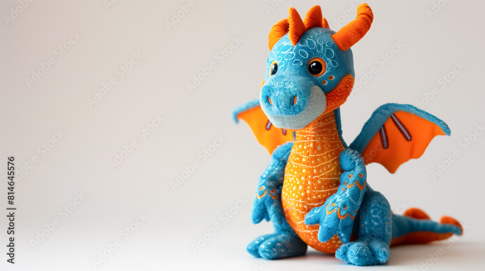 Wall mural bright blue and orange toy dragon with intricate patterns on a plain background.