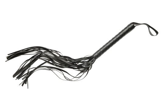 Leather bdsm whip isolated on white background. Erotic toys for BDSM
