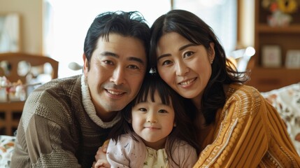 Obraz premium A man, woman, and child are posing for a family portrait. They stand together, smiling at the camera, creating a warm and lovely scene.