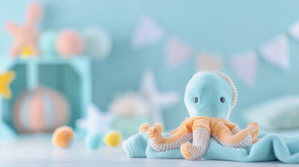 Plush octopus toy in a soft-focus nursery room with pastel decorations. 