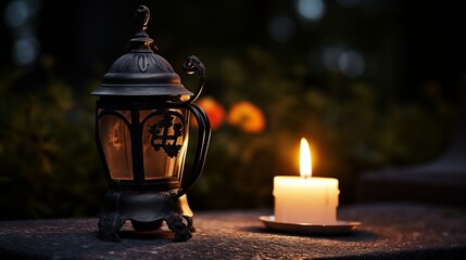 A Tranquil Scene with a Vintage Lantern and a Candle Providing a Warm Glow