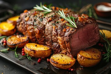 A large roast beef with potatoes and rosemary on a black plate